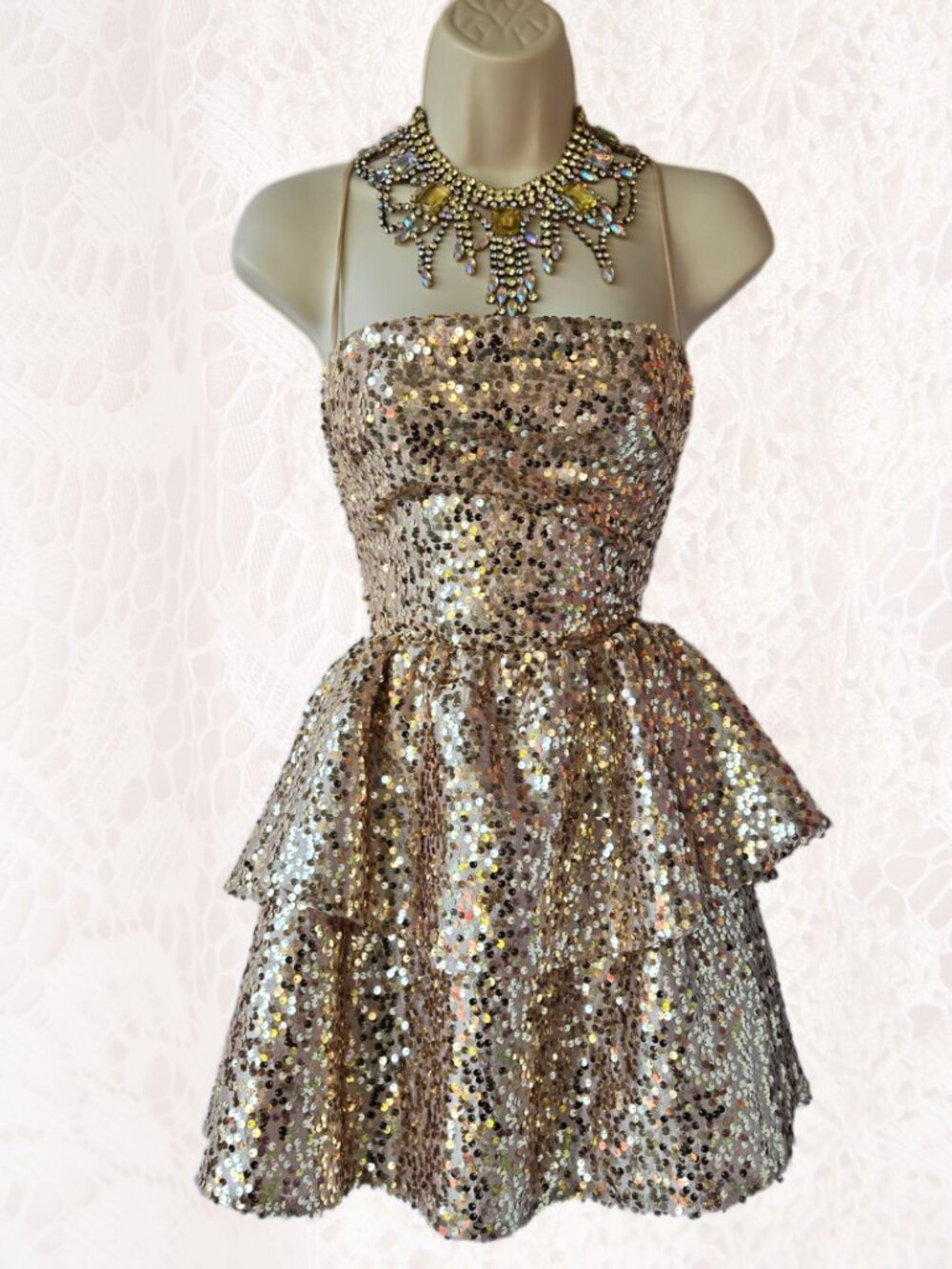 Lucy in the Sky Gold Sequin Party Dress Lace-up Back